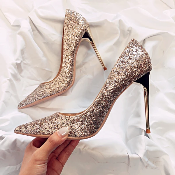 Glitzernden Sternenklarer Himmel Schwarz Brautschuhe 2019 Leder Pailletten 10 cm Stilettos Spitzschuh Hochzeit Pumps