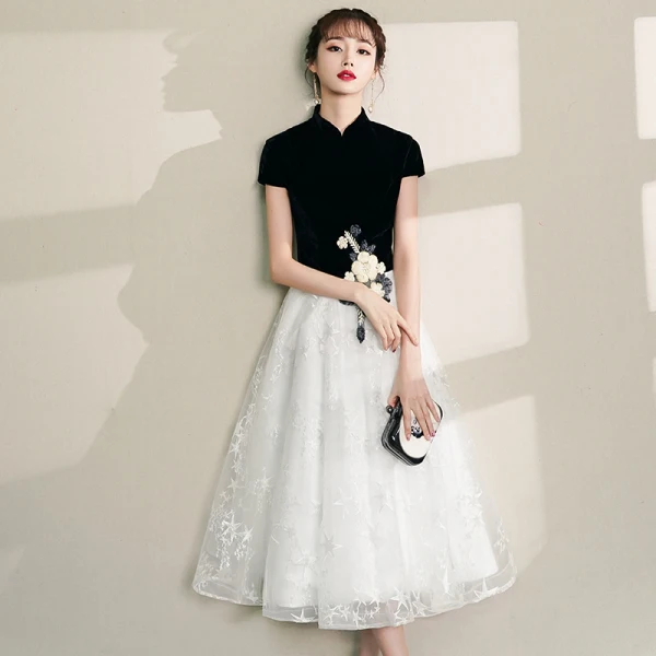 Chinese style Black Homecoming Graduation Dresses 2019 A-Line / Princess High Neck Lace Flower Star Short Sleeve Tea-length Formal Dresses