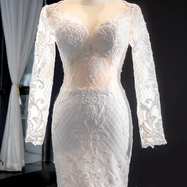 Luxury / Gorgeous Ivory Wedding Dresses 2019 Trumpet / Mermaid Scoop Neck Beading Sequins Lace Flower Long Sleeve Backless Detachable Chapel Train
