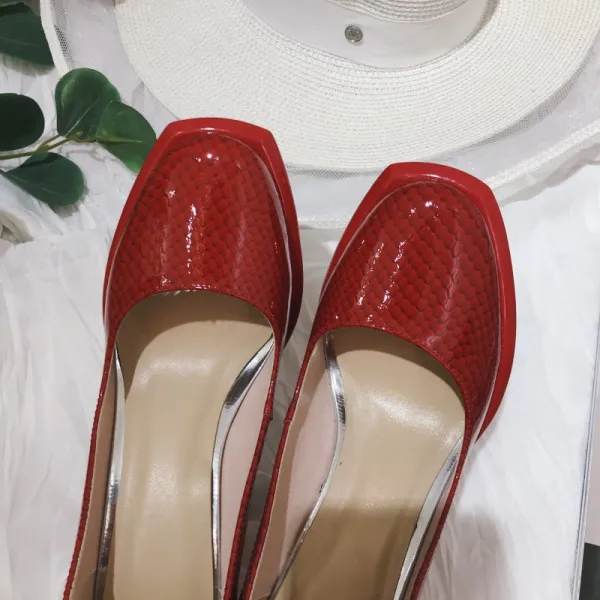 Elegant Red Prom Patent Leather Snakeskin Print Pumps 2021 Leather 9 cm Stiletto Heels Pointed Toe Pumps High Heels