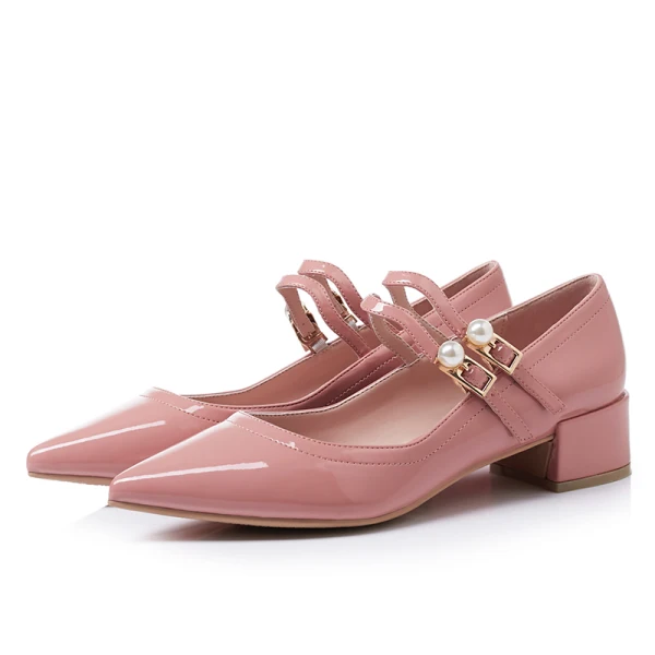 Härlig Pärla Rosa Tidsbeställning Damskor 2019 Lackläder Pärla Spänne 4 cm Låg Klack Spetsiga Pumps