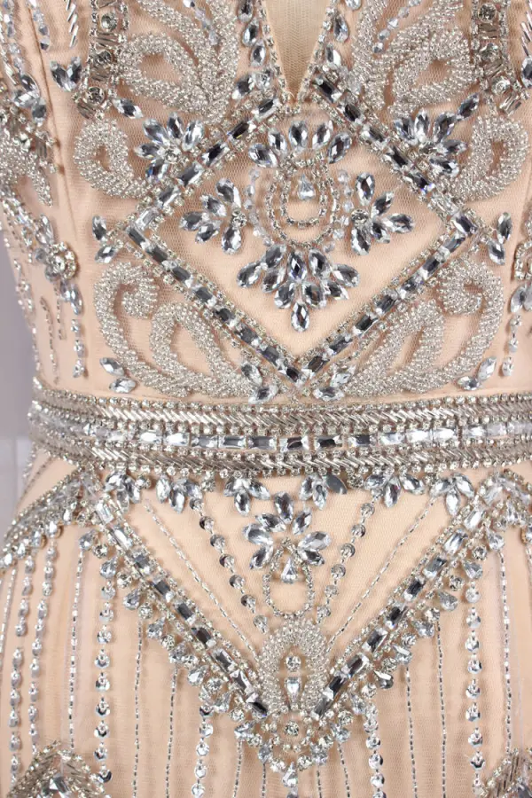 Haut de Gamme Champagne Détachable Avec Châle Robe De Soirée 2019 Trompette / Sirène V-Cou Fait main Perlage Cristal Faux Diamant Sans Manches Dos Nu Train De Balayage Robe De Ceremonie