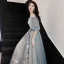 Chic / Beautiful Grey Evening Dresses  2019 A-Line / Princess Off-The-Shoulder Lace Flower Bow Short Sleeve Backless Floor-Length / Long Formal Dresses