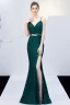 Sparkly Solid Color Dark Green Evening Dresses  2019 Trumpet / Mermaid Spaghetti Straps Sequins Sash Sleeveless Backless Split Front Floor-Length / Long Formal Dresses
