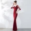 Chic / Beautiful Solid Color Burgundy Evening Dresses  2019 Trumpet / Mermaid V-Neck Beading Tassel 3/4 Sleeve Floor-Length / Long Formal Dresses