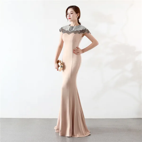 Élégant Champagne Robe De Soirée 2019 Trompette / Sirène Encolure Dégagée Perlage Perle Faux Diamant Sans Manches Longue Robe De Ceremonie