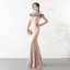 Élégant Champagne Robe De Soirée 2019 Trompette / Sirène Encolure Dégagée Perlage Perle Faux Diamant Sans Manches Longue Robe De Ceremonie