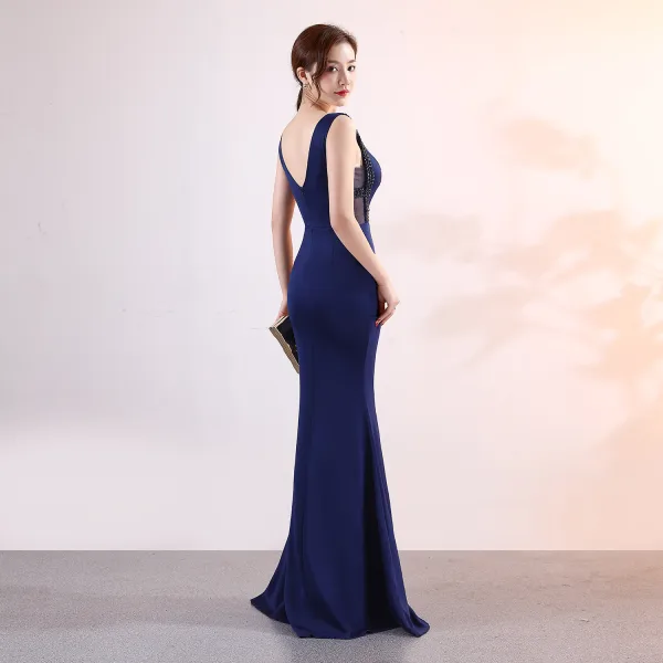 Chic / Belle Bleu Marine Robe De Soirée 2019 Trompette / Sirène V-Cou Perlage Cristal Sans Manches Dos Nu Longue Robe De Ceremonie