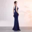 Chic / Belle Bleu Marine Robe De Soirée 2019 Trompette / Sirène V-Cou Perlage Cristal Sans Manches Dos Nu Longue Robe De Ceremonie