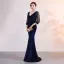 Chic Couleur Unie Bleu Marine Robe De Soirée 2019 Trompette / Sirène Daim V-Cou Perlage Gland 3/4 Manches Longue Robe De Ceremonie