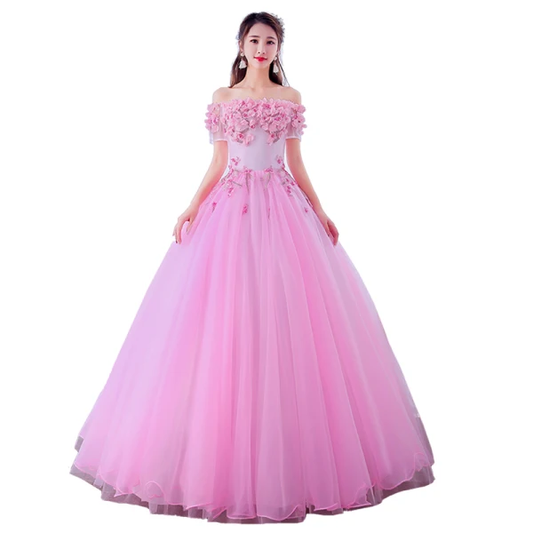 Elegant Candy Pink Prom Dresses 2019 Ball Gown Off-The-Shoulder Pearl Lace Flower Appliques Short Sleeve Backless Floor-Length / Long Formal Dresses