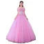 Elegant Candy Pink Prom Dresses 2019 Ball Gown Off-The-Shoulder Pearl Lace Flower Appliques Short Sleeve Backless Floor-Length / Long Formal Dresses