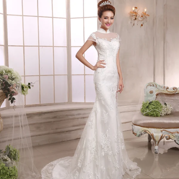 Style Chinois Rouge Robe De Soirée 2018 Trompette / Sirène Appliques En Dentelle Paillettes Col Haut Manches Courtes Train De Balayage Robe De Ceremonie