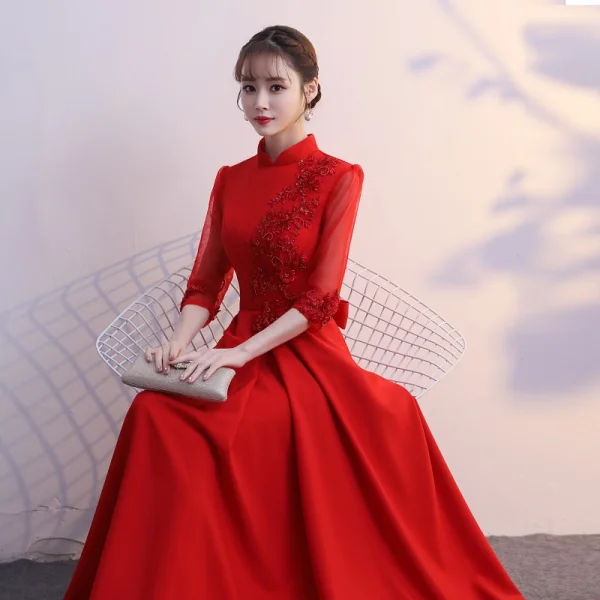 Classy Burgundy Evening Dresses 2019 A-Line / Princess High Neck Bow Lace Flower 1/2 Sleeves Floor-Length / Long Formal Dresses