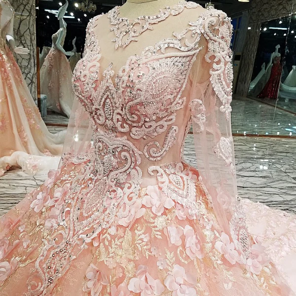Lyx Pärla Rosa Bröllopsklänningar 2018 Balklänning Spets Blomma Appliqués Beading Rhinestone Urringning Långärmad Cathedral Train Bröllop
