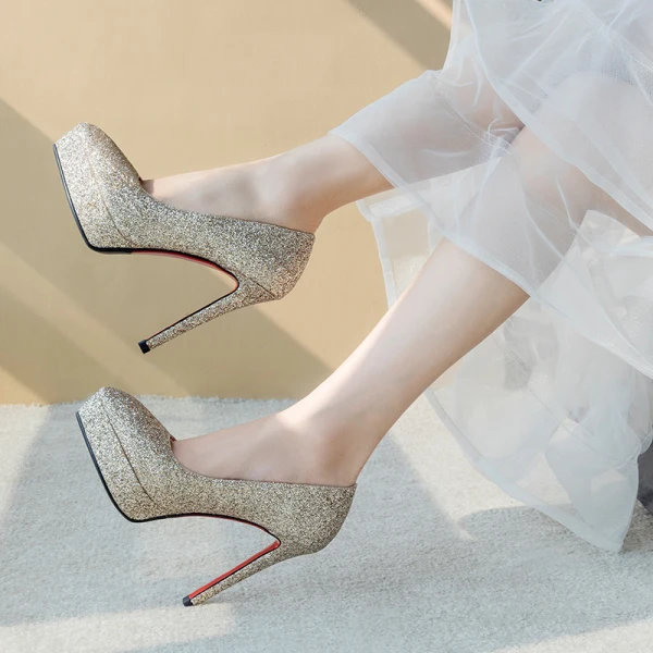 Stylowe / Modne Złote Buty Ślubne 2019 Cekiny 12 cm Szpilki Szpiczaste Ślub Czółenka