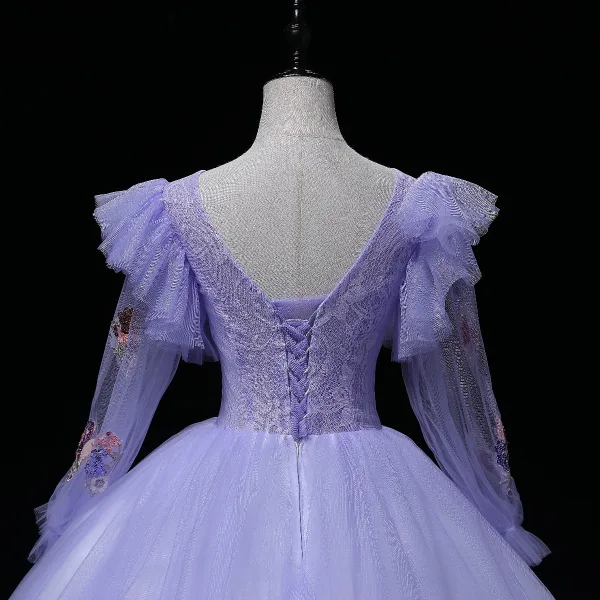 Elegant Lavender Beading Lace Flower Sequins Prom Dresses 2022 Ball Gown Scoop Neck Long Sleeve Prom Floor-Length / Long Formal Dresses