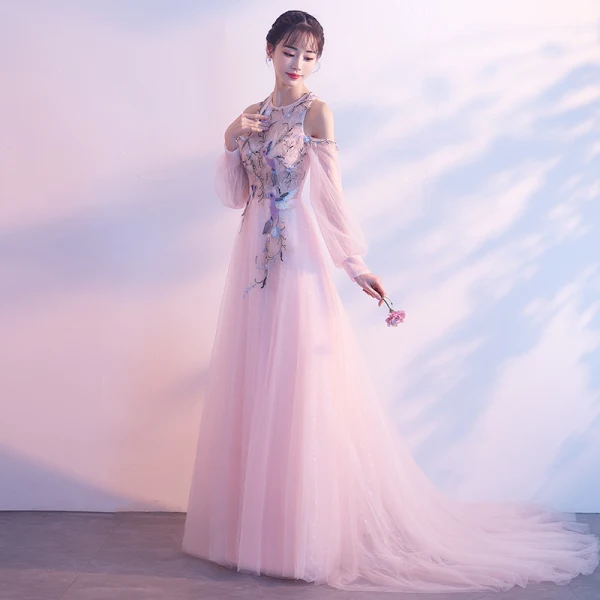 Elegant Pearl Pink Evening Dresses 2018 A-Line / Princess Scoop Neck Strapless Long Sleeve Appliques Lace Beading Rhinestone Chapel Train Ruffle Backless Formal Dresses