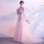 Elegant Pearl Pink Evening Dresses  2018 A-Line / Princess Scoop Neck Strapless Long Sleeve Appliques Lace Beading Rhinestone Chapel Train Ruffle Backless Formal Dresses