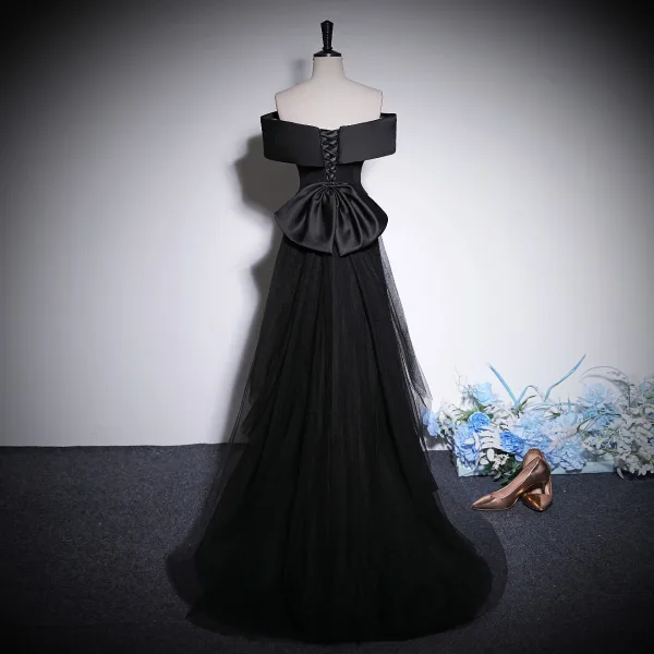 Fashion Black Prom Dresses 2023 Trumpet / Mermaid Off-The-Shoulder Sleeveless Backless Bow Floor-Length / Long Prom Formal Dresses