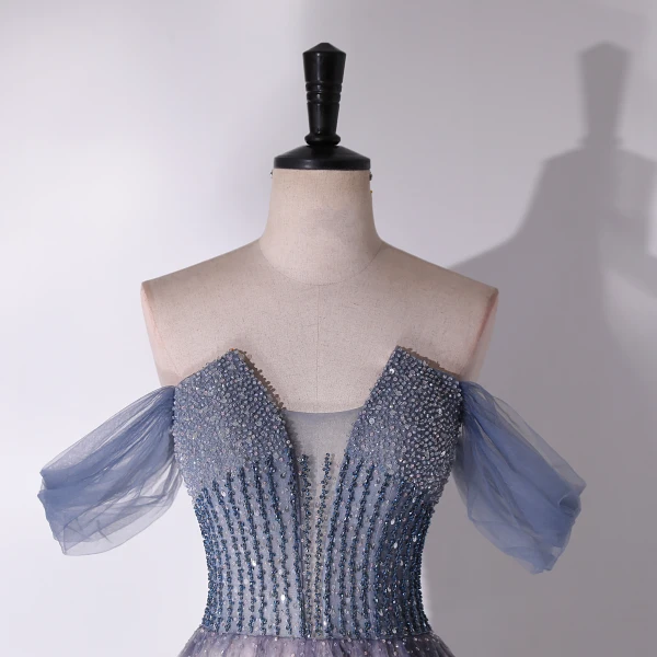 Chic / Beautiful Grey Sky Blue Beading Sequins Prom Dresses 2024 A-Line / Princess Off-The-Shoulder Sleeveless Backless Floor-Length / Long Prom Formal Dresses