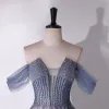 Piękne Szary Błękitne Frezowanie Cekiny Sukienki Na Bal 2024 Princessa Przy Ramieniu Bez Rękawów Bez Pleców Długie Bal Sukienki Wizytowe