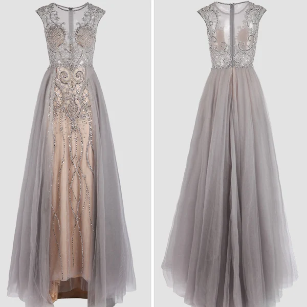 Luxury / Gorgeous Champagne Grey Handmade  Beading Evening Dresses  2020 A-Line / Princess Scoop Neck Crystal Pearl Rhinestone Sleeveless Floor-Length / Long Formal Dresses