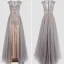 Luxury / Gorgeous Champagne Grey Handmade  Beading Evening Dresses  2020 A-Line / Princess Scoop Neck Crystal Pearl Rhinestone Sleeveless Floor-Length / Long Formal Dresses