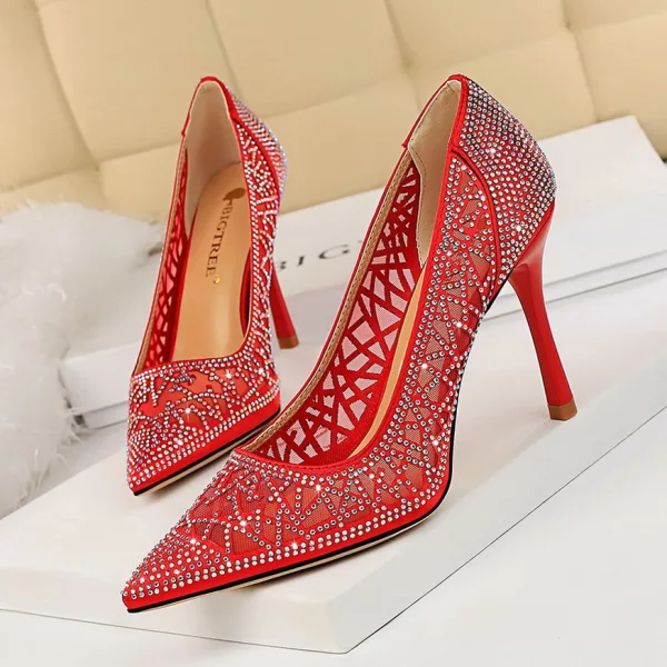 Charmant Doré Soirée Escarpins 2019 Faux Diamant 9 cm Talons Aiguilles À Bout Pointu Escarpins