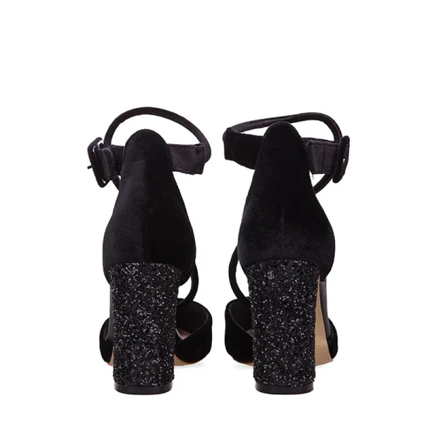 Charmant Bordeaux Soirée Sandales Femme 2019 Paillettes Daim Bride Cheville 8 cm Talons Épais À Bout Pointu Sandales