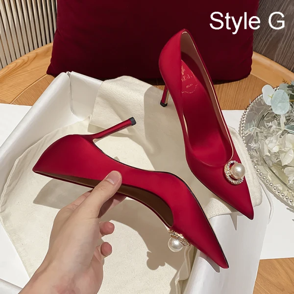 Chinese style Red Pearl Wedding Shoes 2021 Leather 9 cm Stiletto Heels Pointed Toe Wedding Pumps High Heels