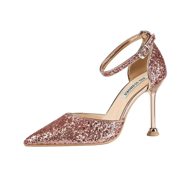 Charming Rose Gold Evening Party Womens Shoes 2020 Ankle Strap Sequins 9 cm Stiletto Heels Pointed Toe High Heels