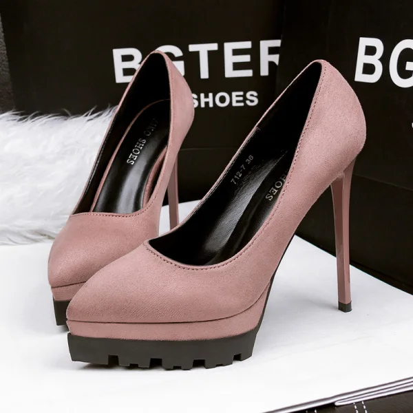 Stilig Kaki Kontors Pumps 2019 Mocka 12 cm Stilettklackar Spetsiga Pumps