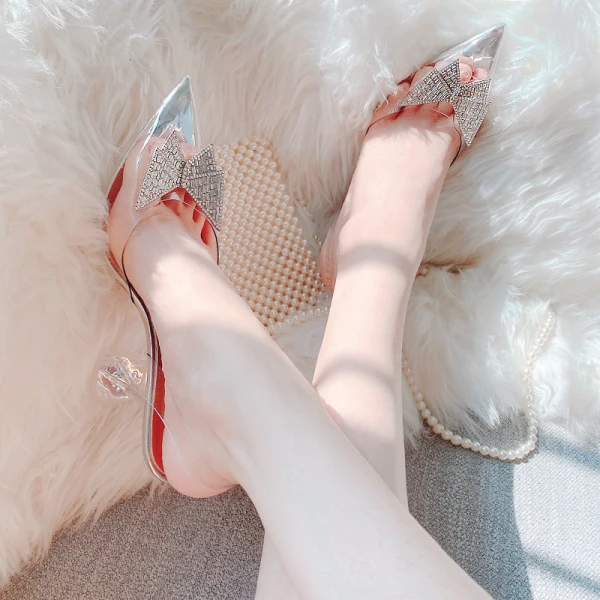 Seksowne Srebrny Wieczorowe Rhinestone Motyl Sandały Damskie 2021 Skórzany Slingback 10 cm Szpilki Szpiczaste Sandały Wysokie Obcasy