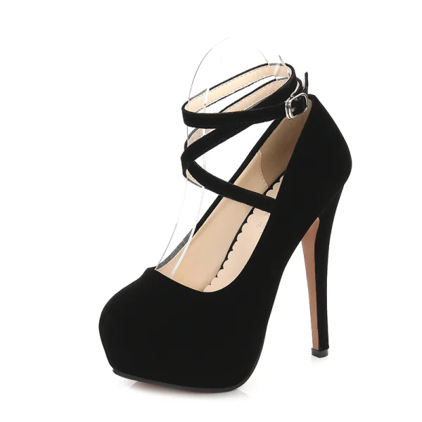 Chic Noire Soirée Escarpins 2020 Daim Bride Cheville 14 cm Talons Aiguilles À Bout Rond Escarpins