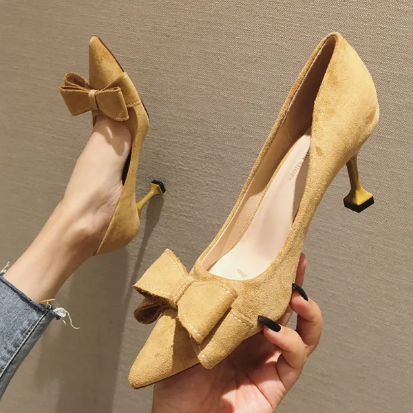Simple Noire Désinvolte Escarpins 2020 Daim Noeud 7 cm Talons Aiguilles À Bout Pointu Escarpins