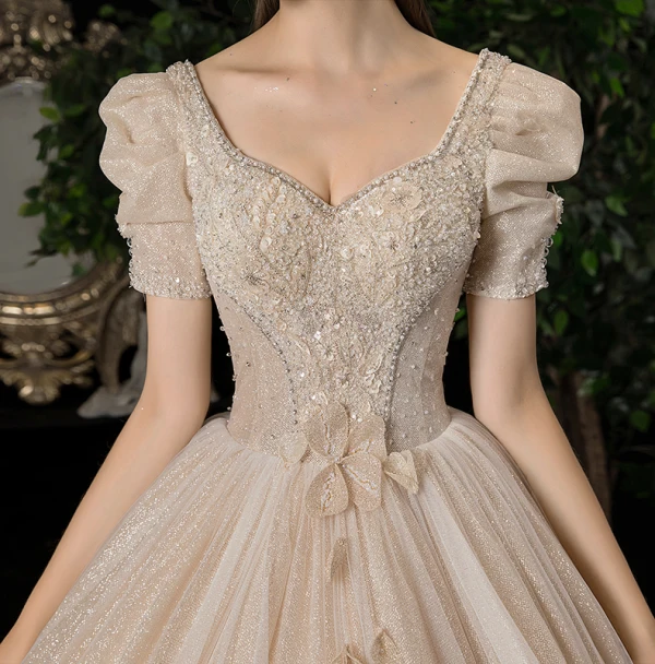 Victorian Style Vintage / Retro Champagne Wedding Dresses 2020 A-Line / Princess V-Neck Beading Pearl Rhinestone Lace Flower Sequins Short Sleeve Backless Floor-Length / Long