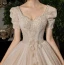 Victorian Style Vintage / Retro Champagne Wedding Dresses 2020 A-Line / Princess V-Neck Beading Pearl Rhinestone Lace Flower Sequins Short Sleeve Backless Floor-Length / Long