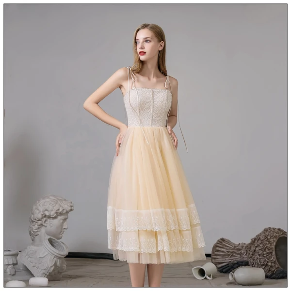 Fashion Champagne Homecoming Graduation Dresses 2020 A-Line / Princess Spaghetti Straps Lace Sleeveless Backless Tea-length Formal Dresses