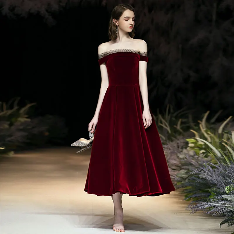 Vintage Retro Burgundy Evening Dresses 2020 A Line Princess Suede Off The  Shoulder Sleeveless Backless Tea Length Formal Dresses