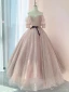 Charmant Rougissant Rose Étoile Paillettes Robe De Bal 2024 Robe Boule De l'épaule Manches Courtes Dos Nu Noeud Ceinture Longue Robe De Ceremonie