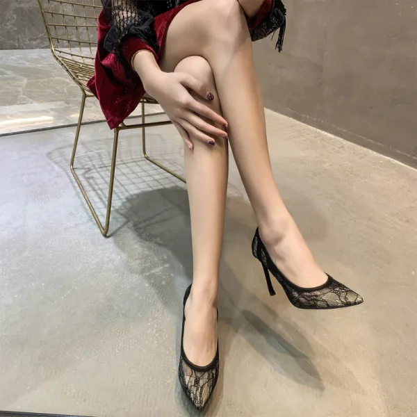 Sexy Black Evening Party Pierced Pumps 2020 Lace 10 cm Stiletto Heels Pointed Toe Pumps