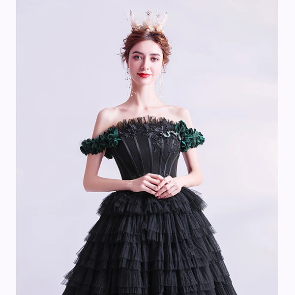 Classy Black Cascading Ruffles Prom Dresses 2020 Ball Gown Ruffle Off-The-Shoulder Rhinestone Lace Flower Sleeveless Backless Floor-Length / Long Formal Dresses