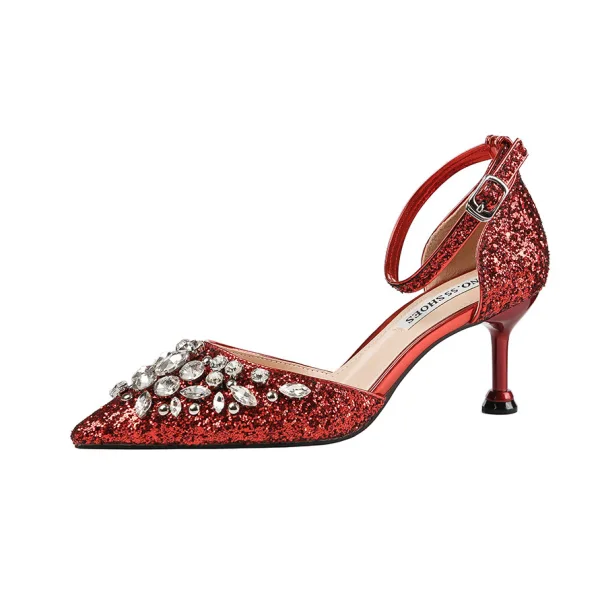 Błyszczące Srebrny Cekiny Wieczorowe Wysokie Obcasy 2020 Rhinestone 6 cm Szpilki Szpiczaste Buty Damskie