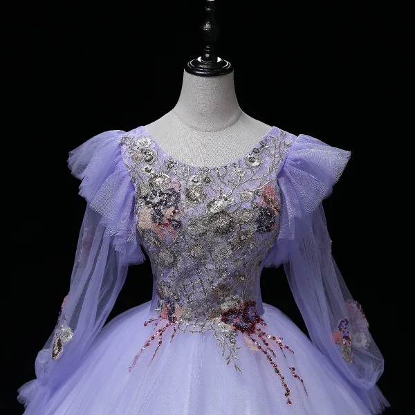 Elegant Lavender Beading Lace Flower Sequins Prom Dresses 2022 Ball Gown Scoop Neck Long Sleeve Prom Floor-Length / Long Formal Dresses