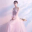 Elegant Pearl Pink Evening Dresses  2018 A-Line / Princess Scoop Neck Strapless Long Sleeve Appliques Lace Beading Rhinestone Chapel Train Ruffle Backless Formal Dresses