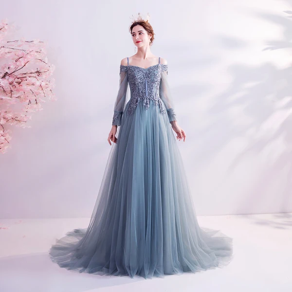 Classy Pool Blue Prom Dresses 2020 A-Line / Princess Spaghetti Straps Sequins Lace Flower Long Sleeve Backless Court Train Formal Dresses