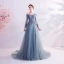 Classy Pool Blue Prom Dresses 2020 A-Line / Princess Spaghetti Straps Sequins Lace Flower Long Sleeve Backless Court Train Formal Dresses