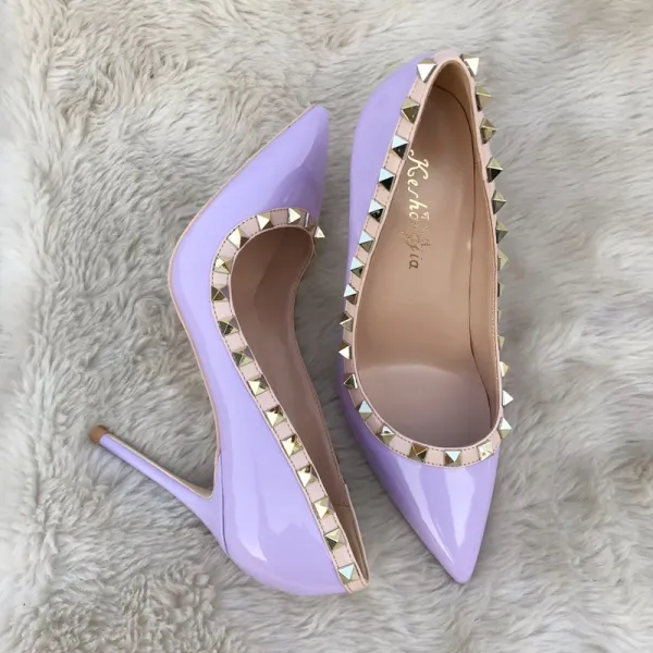 Fashion Black Evening Party Pumps 2020 Patent Leather Rivet 10 cm Stiletto Heels Pointed Toe Pumps