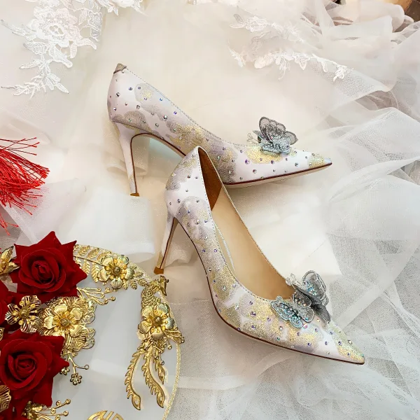 Charming Silver Lace Butterfly Wedding Shoes 2021 Leather Rhinestone 9 cm Stiletto Heels Pointed Toe Wedding Pumps High Heels